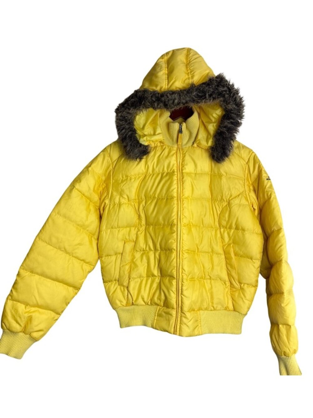 Polo Jeans Co Ralph Lauren Y2K Yellow Down Puffer Jacket Fur Hood Men's Medium